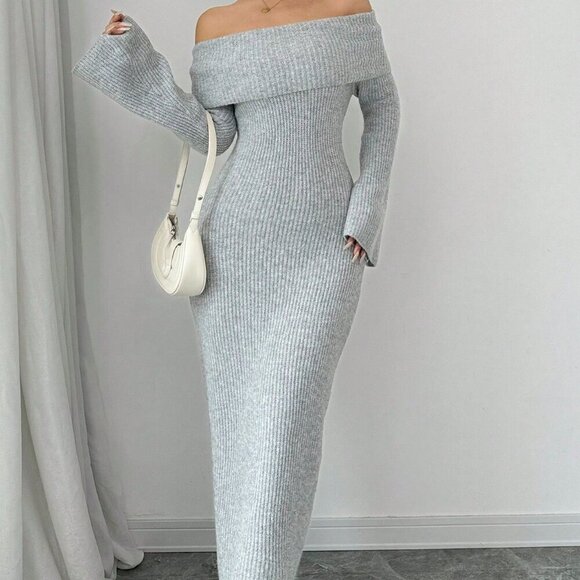 Grey Elegant Women's Off-Shoulder Long Sleeve Dress - Picture 3 of 6